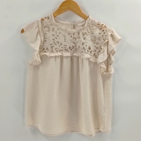 MINE blouse top cream size large cream with floral brocade lace ruffle sleeve - Picture 1 of 8